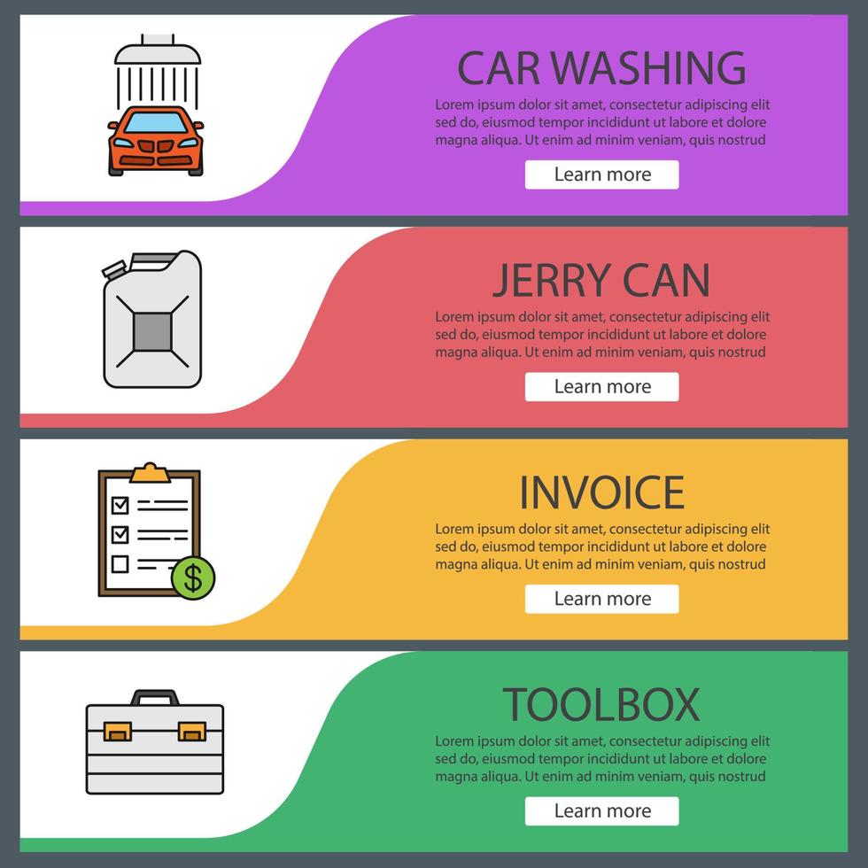 auto verkstad webb banner mallar set. biltvätt, jerry can, faktura, verktygslåda. menyalternativ på webbplatsens färg. vektor headers designkoncept