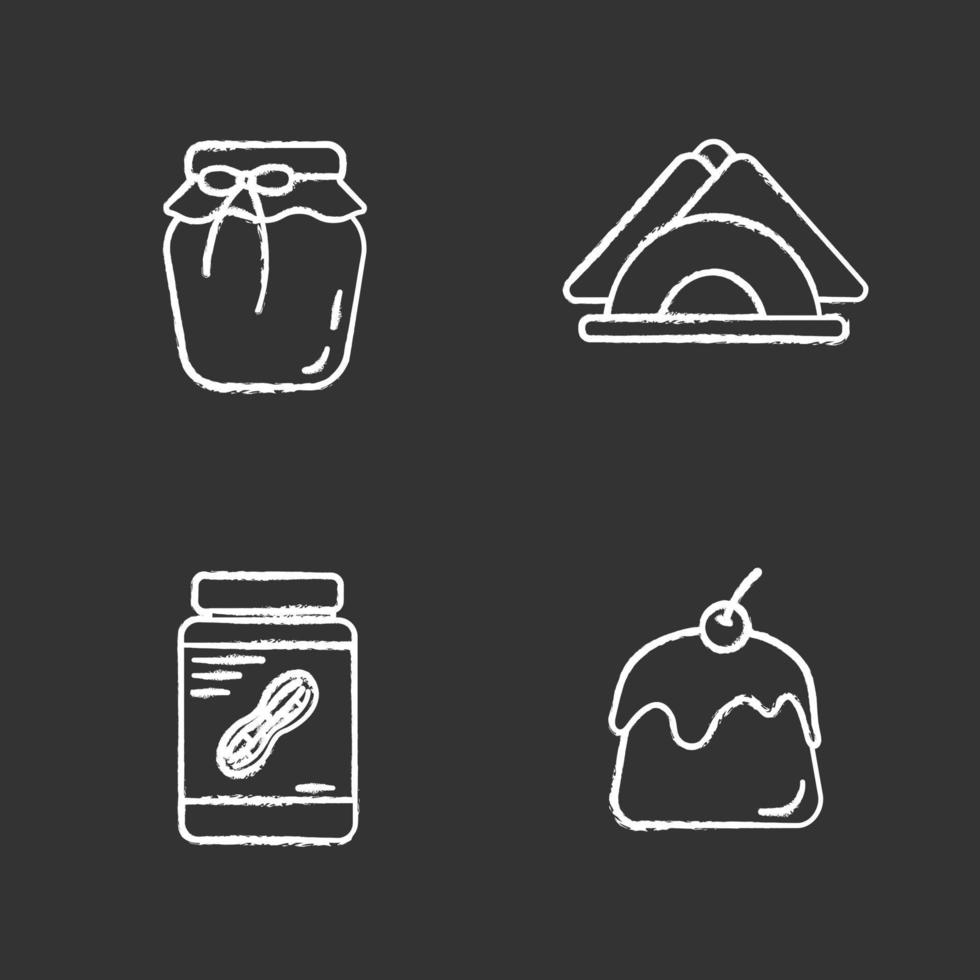 Süßwaren Kreide Icons Set. Kaffeehaus-Menü. Erdbeermarmelade, Servietten, Erdnussbutter, Pudding. isolierte tafel Vektorgrafiken vektor