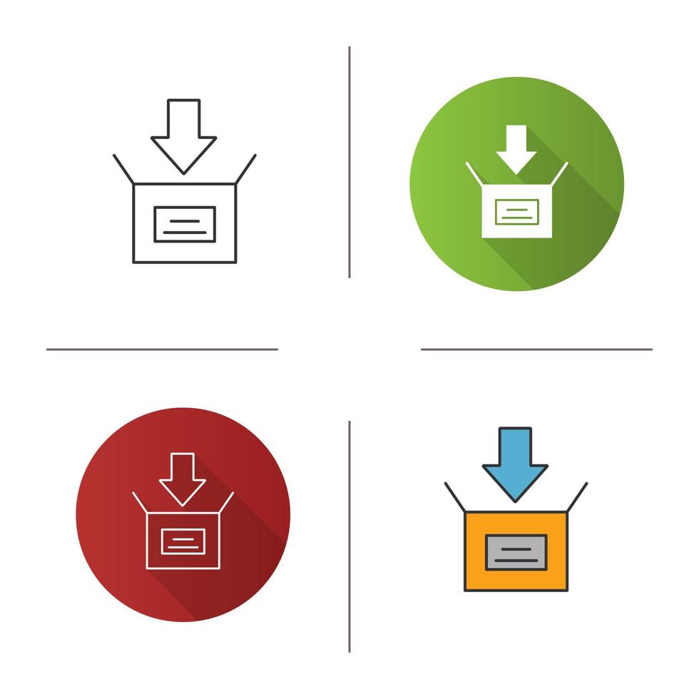 paket förpackning ikon. platt design, linjär och färgstilar. öppen ruta med nedåtpil. laddar ner. isolerade vektorillustrationer vektor