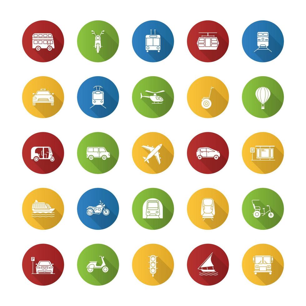 kollektivtrafik platt design lång skugga glyph ikoner set. vatten-, land- och luftfordon. transportmedel. vektor siluett illustration