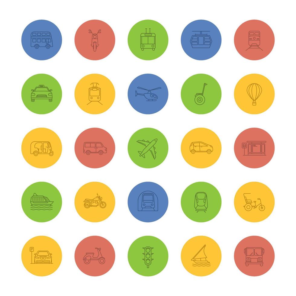 kollektivtrafik linjära ikoner set. tunn linje kontur symboler på färgbakgrund. vatten-, land- och luftfordon. transportmedel. vektor illustrationer