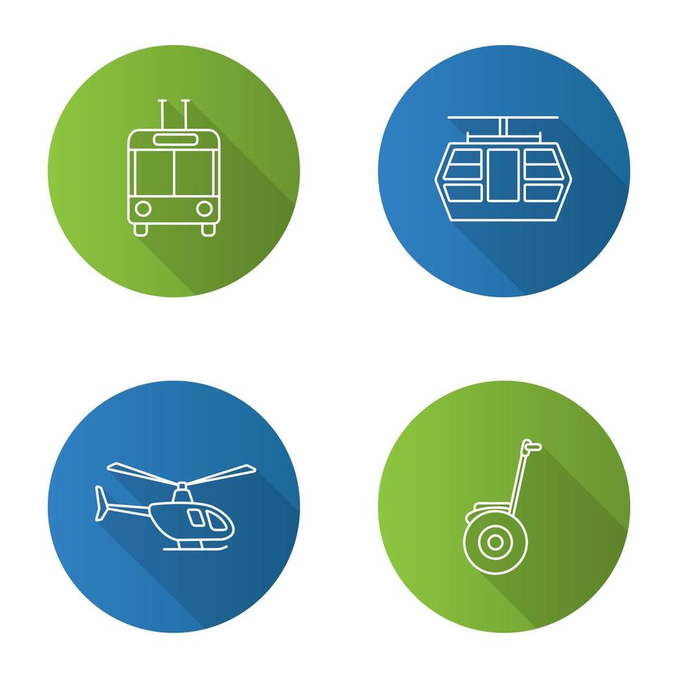 öffentliche Verkehrsmittel flache lineare lange Schattensymbole gesetzt. Transportmittel. Obus, Standseilbahn, Helikopter, selbstbalancierender Roller. Vektor-Umriss-Abbildung vektor