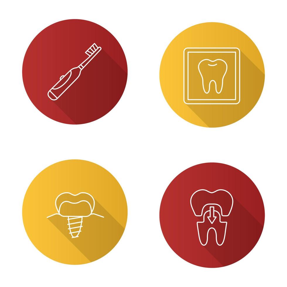 tandvård platt linjär lång skugga ikoner set. eltandborste, tandröntgen, stomatologiskt implantat, tandkrona. vektor kontur illustration
