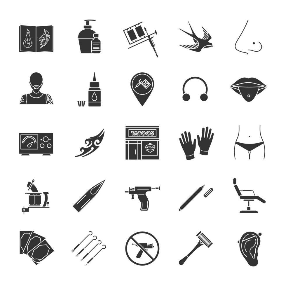 Tattoo Studio Glyphe Icons Set. Piercing-Service. Tattoo-Skizzen, Instrumente und Ausrüstung. Silhouette-Symbole. isolierte Vektorgrafik vektor