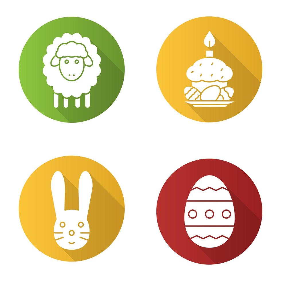 Ostern flaches Design lange Schattenikonen eingestellt. Osterhase, Lamm, Ei und Kuchen mit Eiern und Kerze auf dem Teller. Vektor-Silhouette-Abbildung vektor