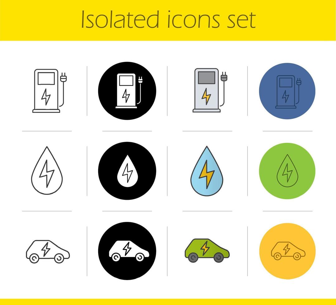 Öko-Energie-Icons gesetzt. lineare, schwarze und farbige Stile. Elektroauto, Tankstelle, Wasserenergie. isolierte vektorillustrationen vektor