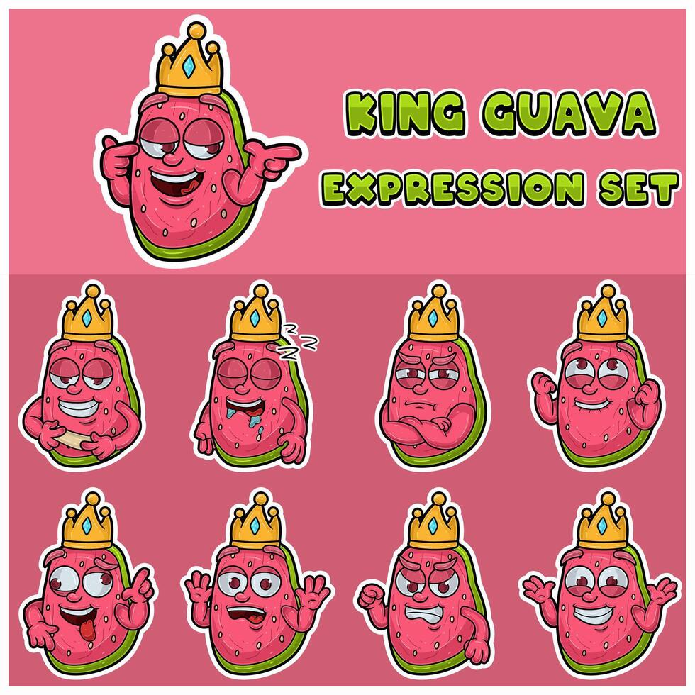 Guave Obst Ausdruck Satz. Maskottchen Karikatur Charakter zum Geschmack, Beanspruchung, Etikette und Verpackung Produkt. vektor