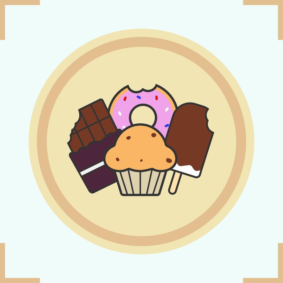 sötsaker färgikon. konfektyr. chokladkaka, munk, muffins med russin, glass. isolerade vektor illustration