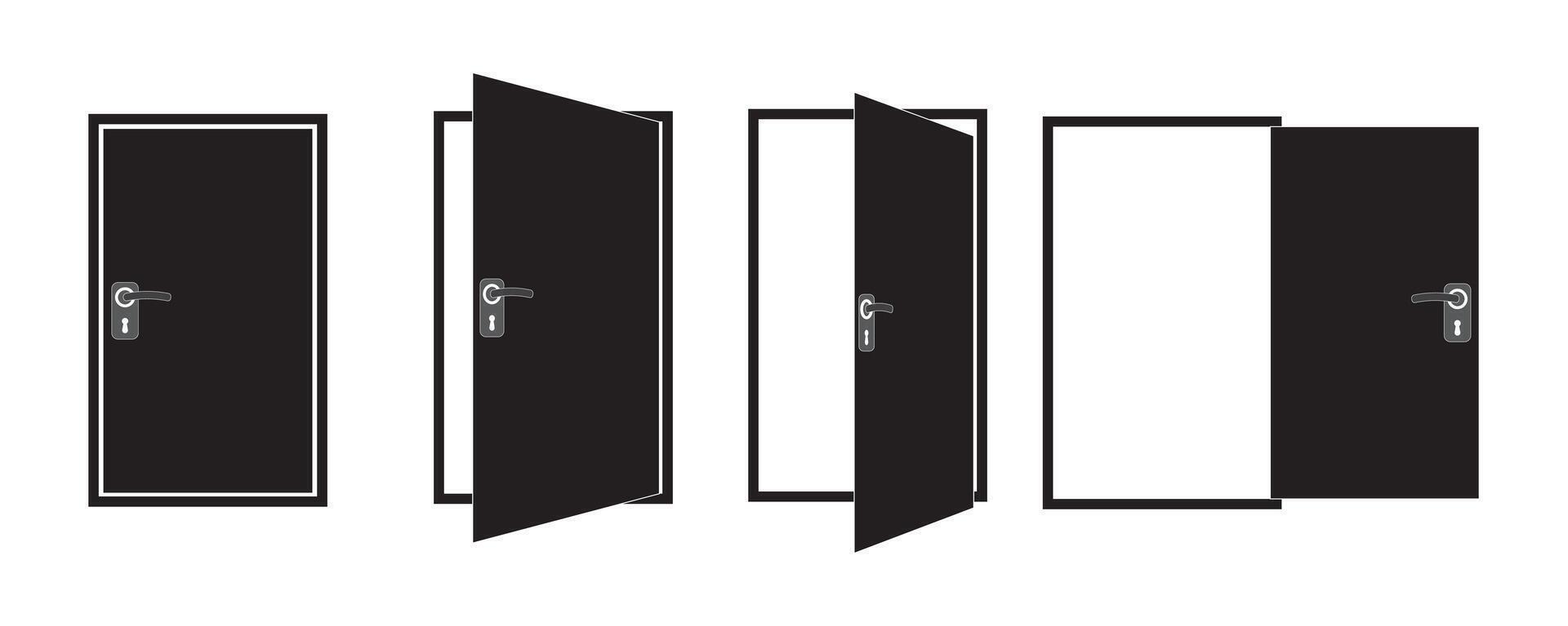 Tür Symbole Sammlung. offen, schließen und angelehnt Tür. Büro Türen, Türen Sammlung. geöffnet Eingang Tür einstellen eben Stil. vektor