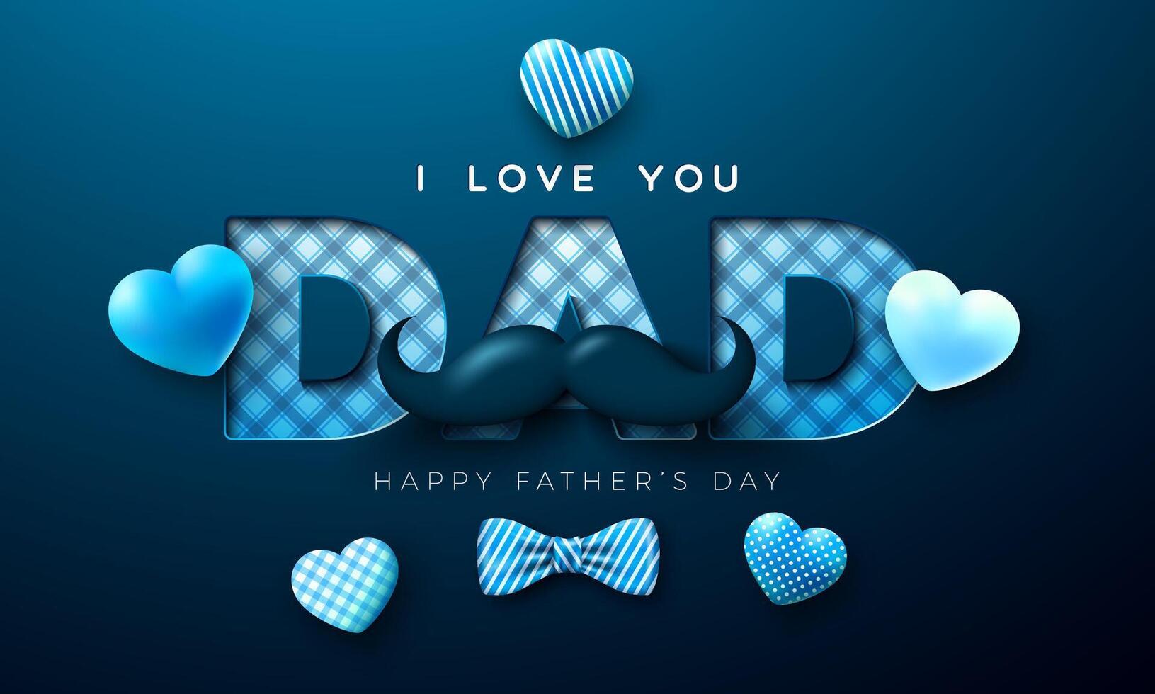 Lycklig fars dag hälsning kort design med härlig hjärta och mustasch på mörk blå bakgrund. firande illustration med jag kärlek du pappa rutig text. mall för vykort, baner vektor