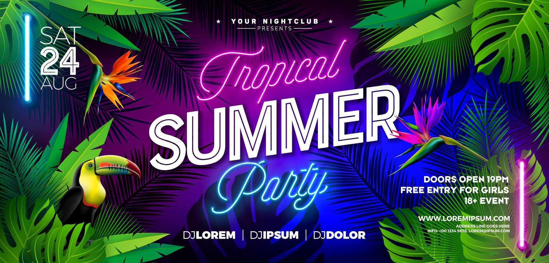 sommar fest baner design mall med lysande neon ljus på fluorescerande tropisk löv bakgrund. sommar firande Semester illustration för baner, flygblad, inbjudan eller firande affisch. vektor