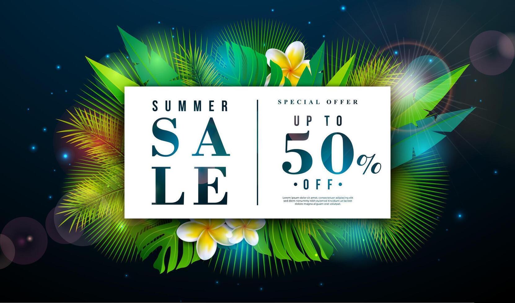 Sommer- Verkauf Design mit Blume und exotisch Blätter auf dunkel Blau Hintergrund. tropisch Blumen- Strand Urlaub Illustration mit Besondere Angebot Typografie zum Coupon, Gutschein, Banner, Flyer vektor