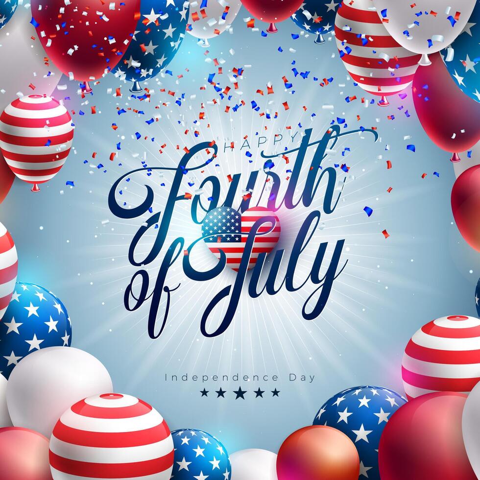 4 .. von Juli Unabhängigkeit Tag von das USA Illustration mit amerikanisch Flagge Muster Herz und Party Ballon auf fallen Konfetti Hintergrund. vierte von Juli National Feier Design mit vektor