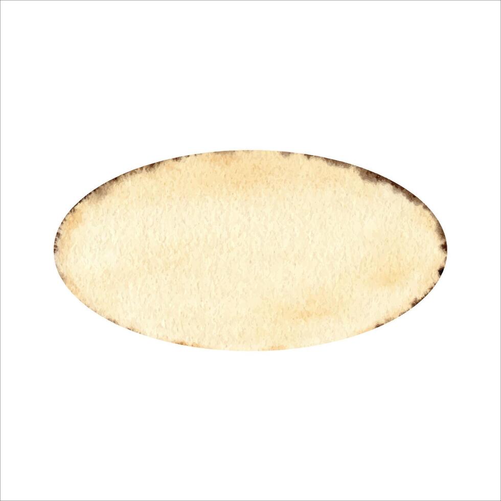 Oval geformt Jahrgang Stück von Papier. befleckt Brief. Schreiben Blatt Kopieren schonen Vorlage. Hand gezeichnet Aquarell Illustration isoliert auf Weiß Hintergrund. Hintergrund zum Postkarten, Poster, alt Zeitung vektor