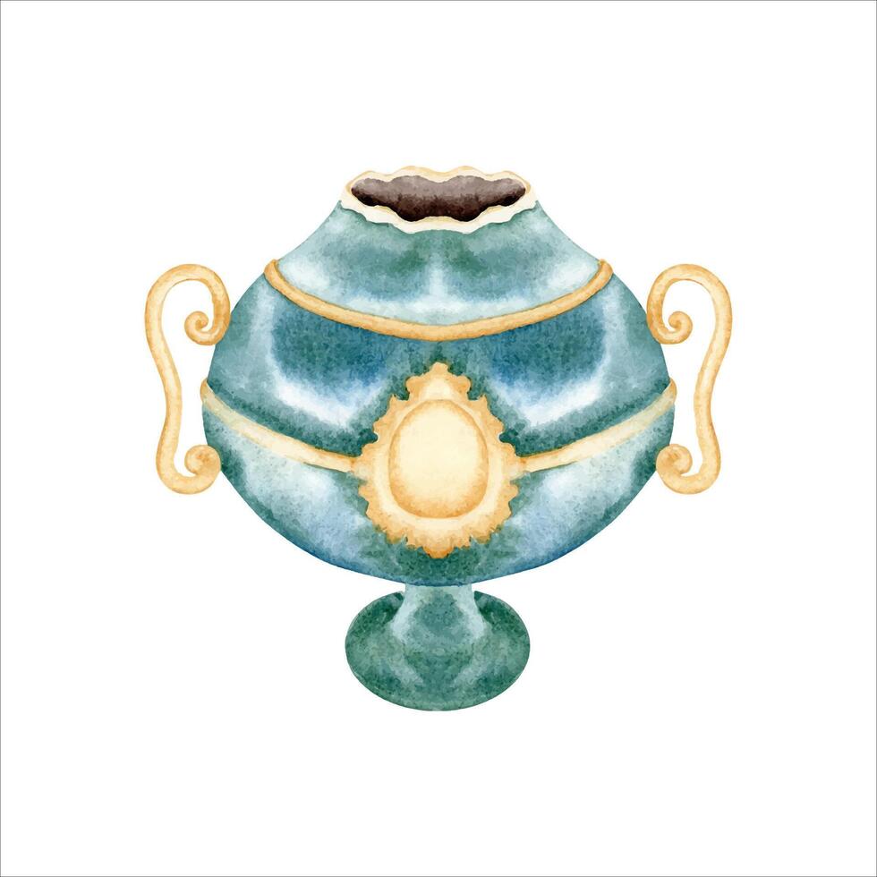 Antiquität Vase. Innere Design Dekoration. Museum Sammlung. Hand gezeichnet Aquarell Illustration isoliert auf Weiß Hintergrund. groß Marmor Schüssel mit golden Ornamente und Griffe. Jahrgang Blau Keramik vektor