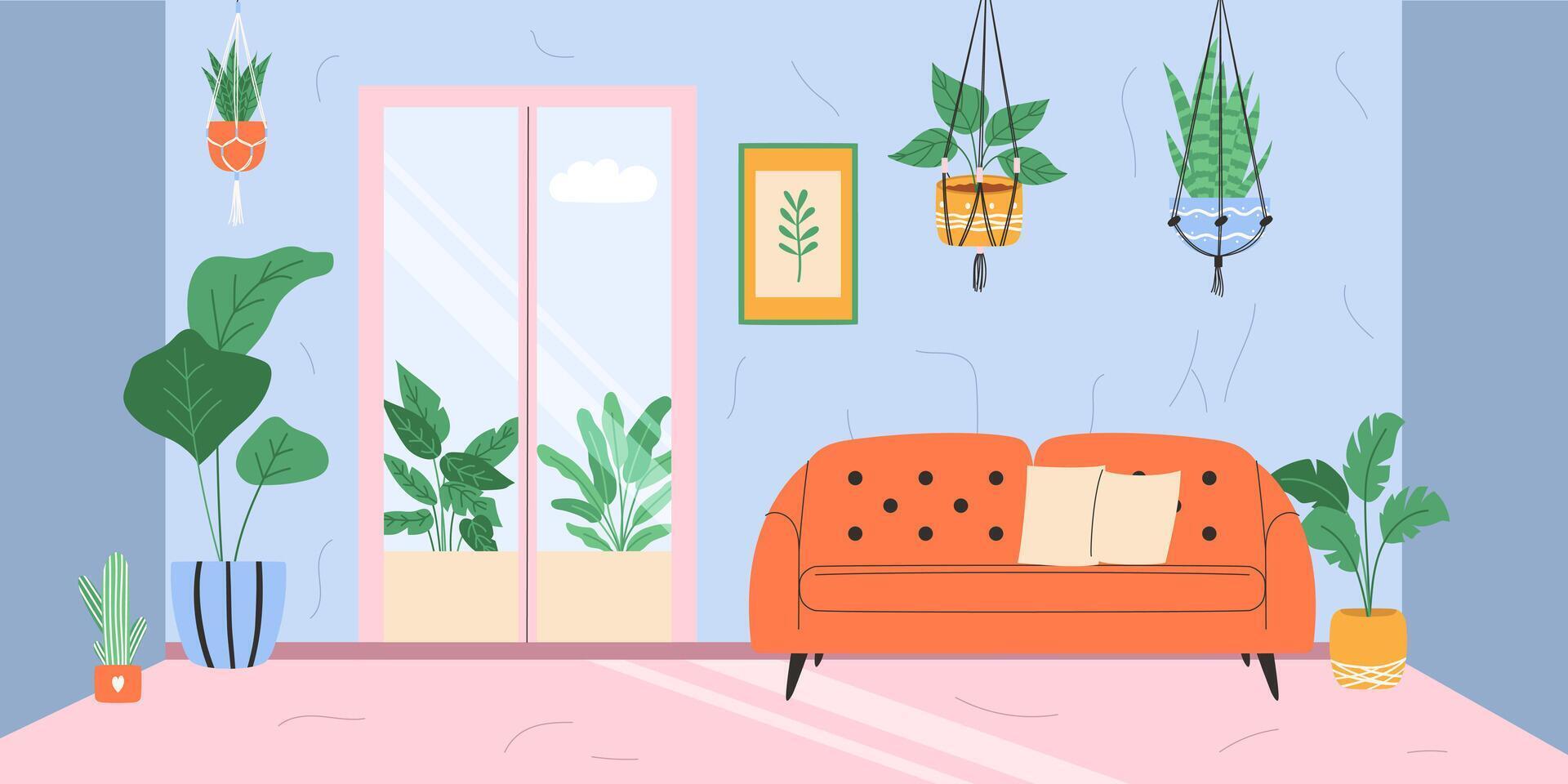 Leben Zimmer Innere mit Balkon und Makramee Pflanze. Illustration. vektor