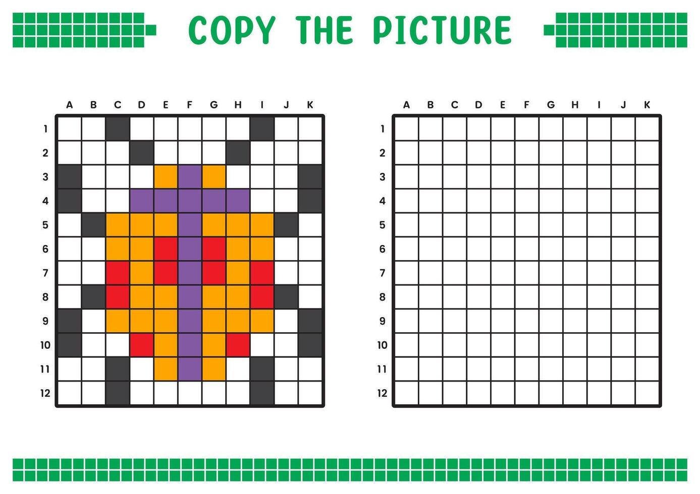 Kopieren das Bild, Komplett das Gitter Bild. lehrreich Arbeitsblätter Zeichnung mit Quadrate, Färbung Zelle Bereiche. Kinder- Vorschule Aktivitäten. Karikatur, Pixel Kunst. Orange Marienkäfer Illustration. vektor