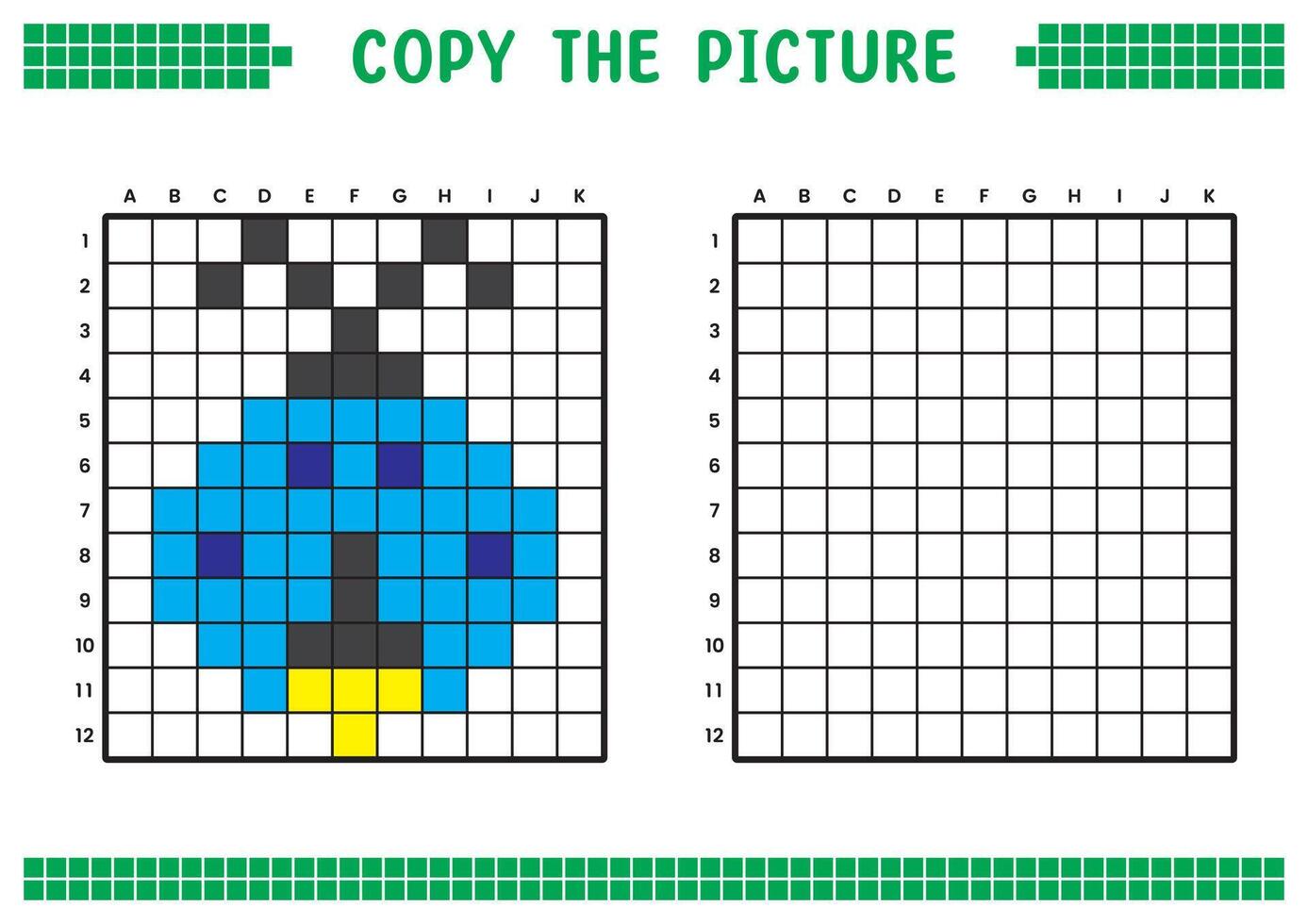 kopia de bild, komplett de rutnät bild. pedagogisk kalkylblad teckning med rutor, färg cell områden. barns förskola aktiviteter. tecknad serie, pixel konst. insekt eldfluga illustration. vektor