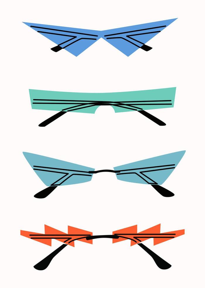 einstellen von verschiedene bunt Sonnenbrille. Sommer- Sonnenbrille, modisch Brille Rahmen. verschiedene Formen und Stile. ungewöhnlich dünn Brille. isoliert auf Weiß Hintergrund. vektor