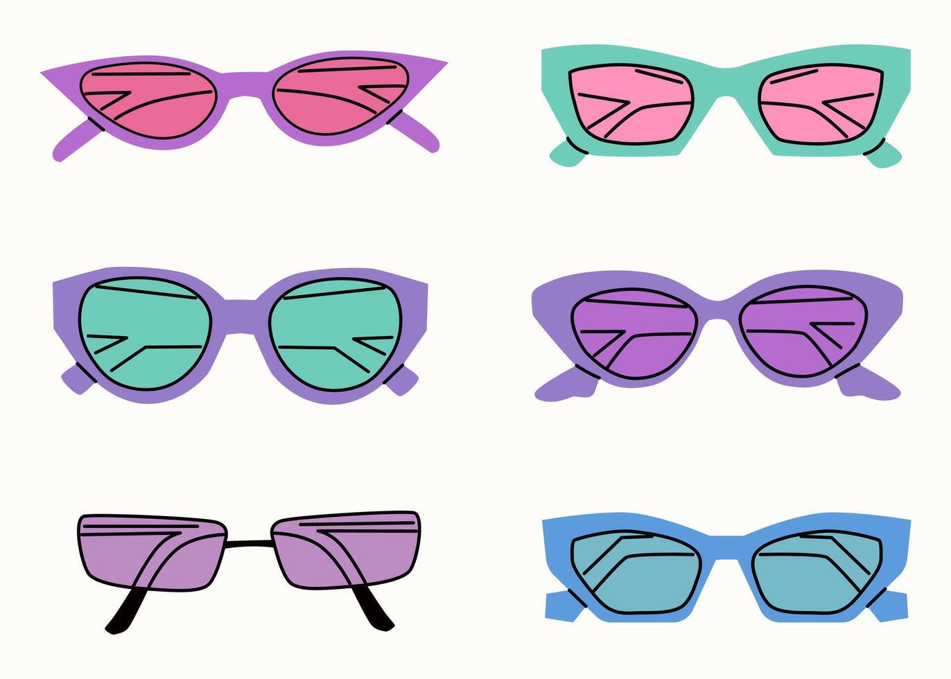 einstellen von anders lila Sonnenbrille. Sommer- Sonnenbrille, modisch Brille Rahmen. verschiedene Formen und Stile. Hand gezeichnet Illustration isoliert auf Weiß. Damen Strand Zubehör im ein modern Stil. vektor