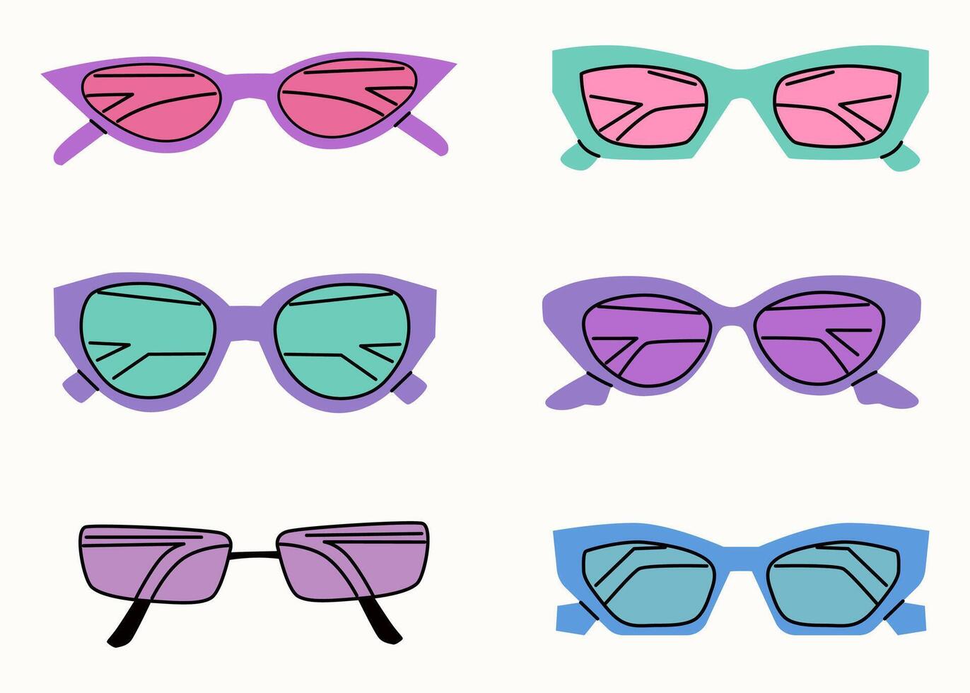uppsättning av annorlunda lila solglasögon. sommar solglasögon, modern monokel ramar. olika former och stilar. hand dragen illustration isolerat på vit. kvinnors strand Tillbehör i en modern stil. vektor