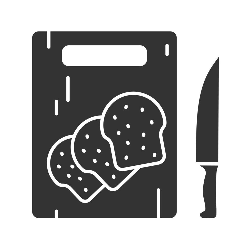 Holzschneidebrett mit geschnittenem Brot-Glyphen-Symbol. Silhouette-Symbol. negativen Raum. isolierte Vektorgrafik vektor