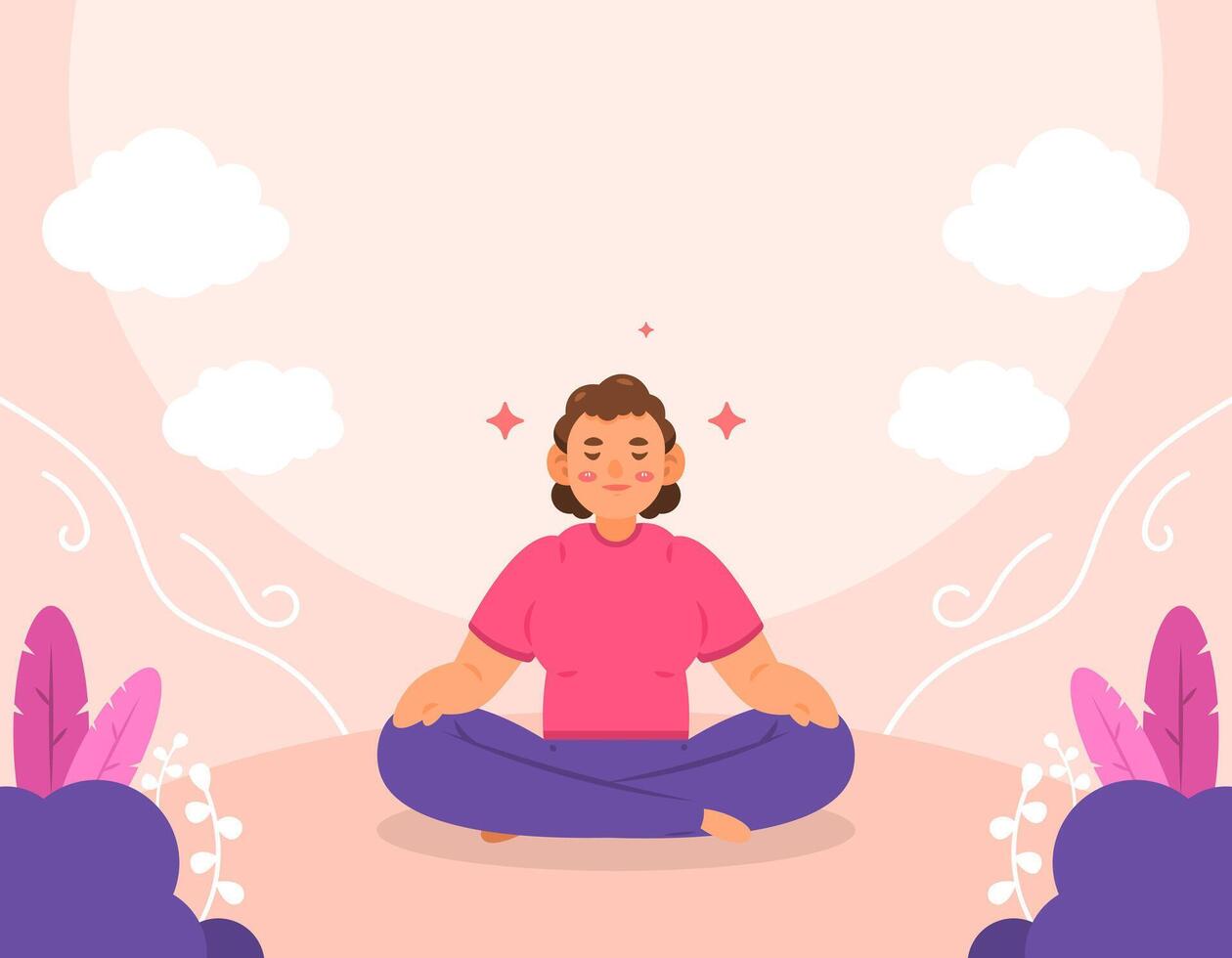 Illustration von ein Frau tun Yoga. sitzen mit gekreuzten Beinen und meditieren im Natur oder außen. Lotus Pose. International Yoga Tag. Aktivitäten zu Übung und Ruhe das Geist. Charakter Illustration Design vektor