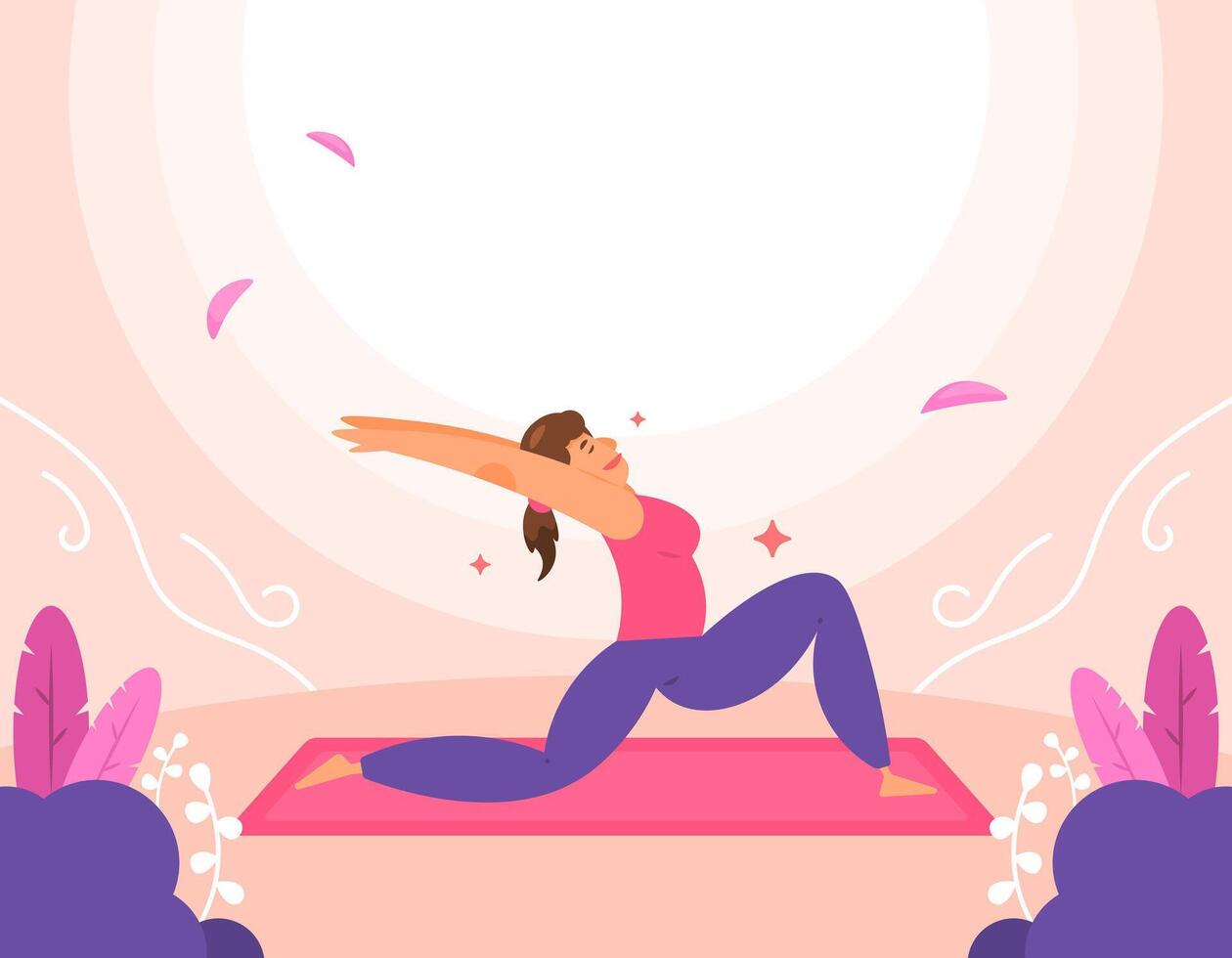 Illustration von ein Frau tun Yoga Bewegungen. Krieger Pose 1. International Yoga Tag. tun Aktivitäten und ausüben im Natur. verbessert Flexibilität und Muskel Stärke, während korrigieren Arm Haltung vektor