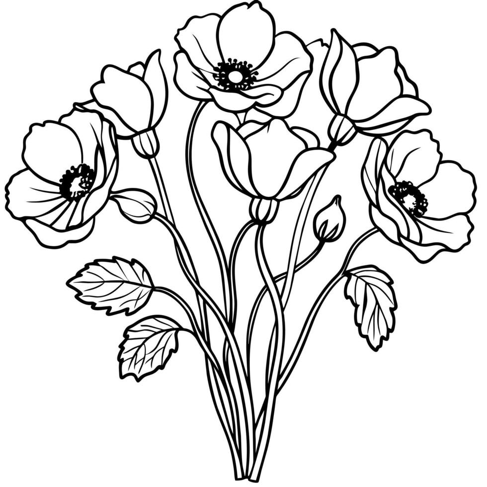 Mohn Blume Gliederung Illustration Färbung Buch Seite Design, Mohn Blume schwarz und Weiß Linie Kunst Zeichnung Färbung Buch Seiten zum Kinder und Erwachsene vektor