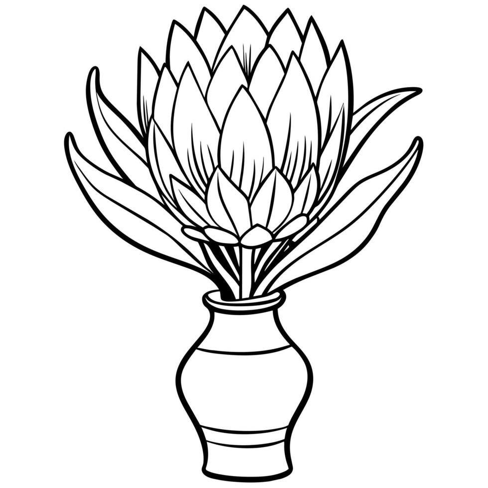 Protea Blume Gliederung Illustration Färbung Buch Seite Design, Protea Blume schwarz und Weiß Linie Kunst Zeichnung Färbung Buch Seiten zum Kinder und Erwachsene vektor