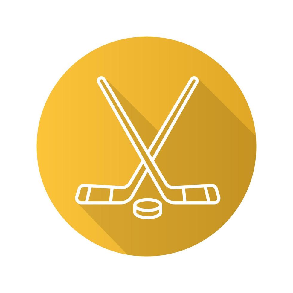 hockeyklubbor och puckar. platt linjär lång skugga ikon. utrustning för hockeyspel. vektor linje symbol