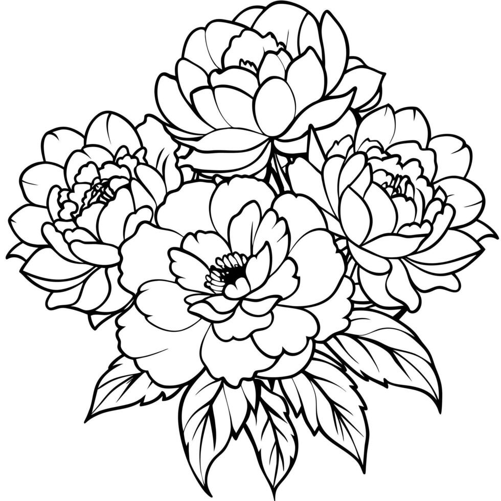 pion blomma översikt illustration färg bok sida design, pion blomma svart och vit linje konst teckning färg bok sidor för barn och vuxna vektor