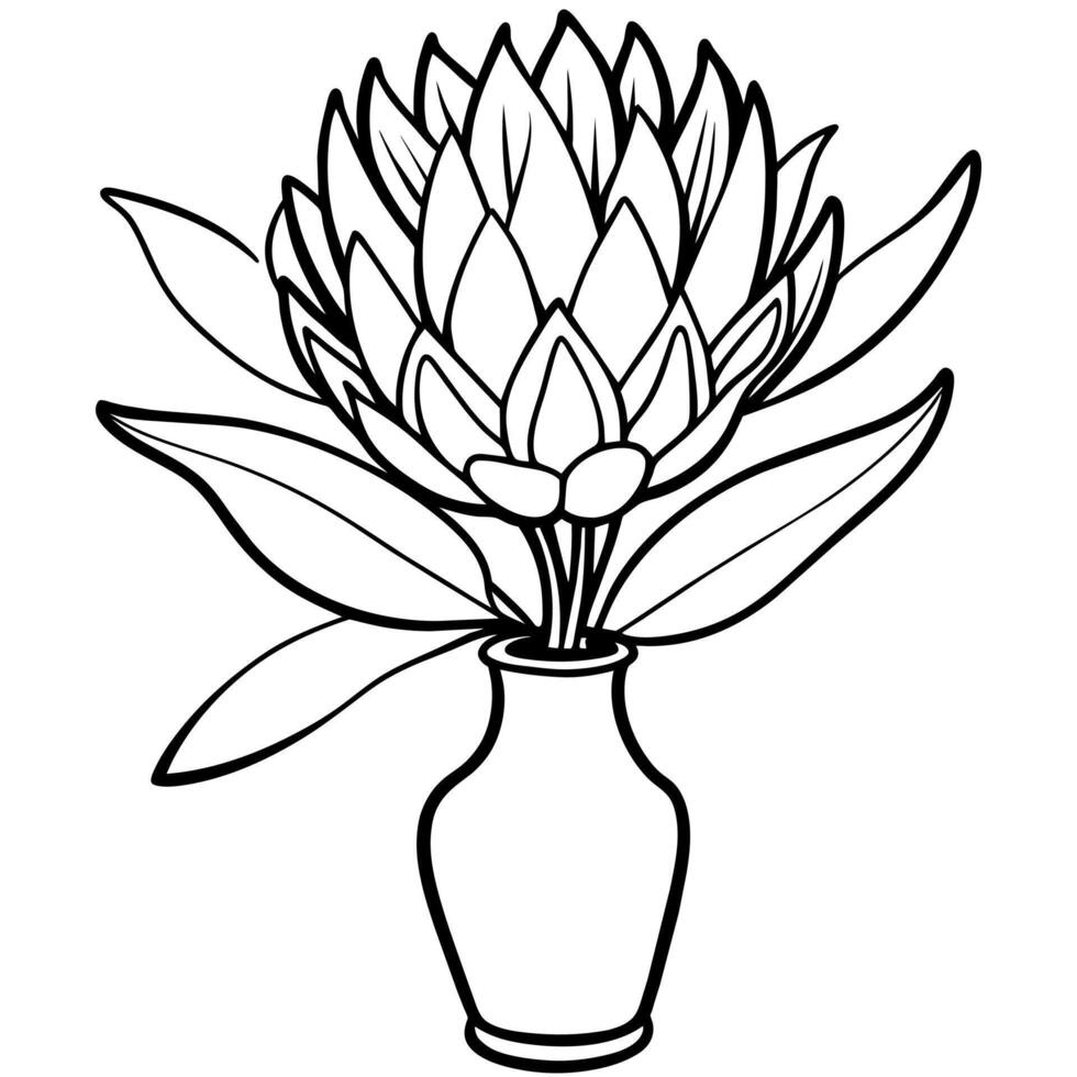 Protea Blume Gliederung Illustration Färbung Buch Seite Design, Protea Blume schwarz und Weiß Linie Kunst Zeichnung Färbung Buch Seiten zum Kinder und Erwachsene vektor