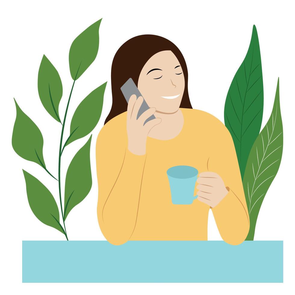 Porträt von ein Mädchen mit ein Tasse im einer Hand und ein Telefon im das andere, isolieren auf Weiss, einfach Illustration, eben Stil, Minimalismus vektor