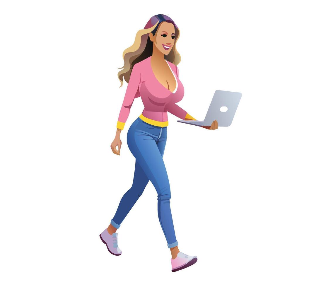 ung kvinna promenader med dator i hand- vektor