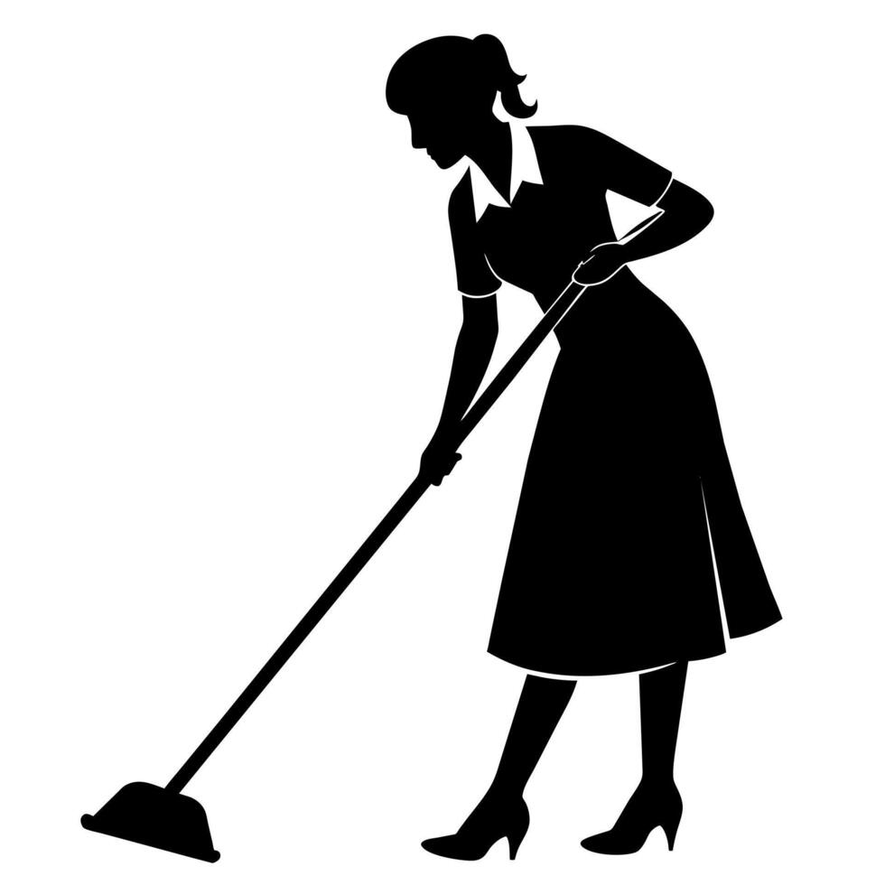 en rengöringsmedel kvinna noggrant rengöring de rum platt stil silhuett vektor