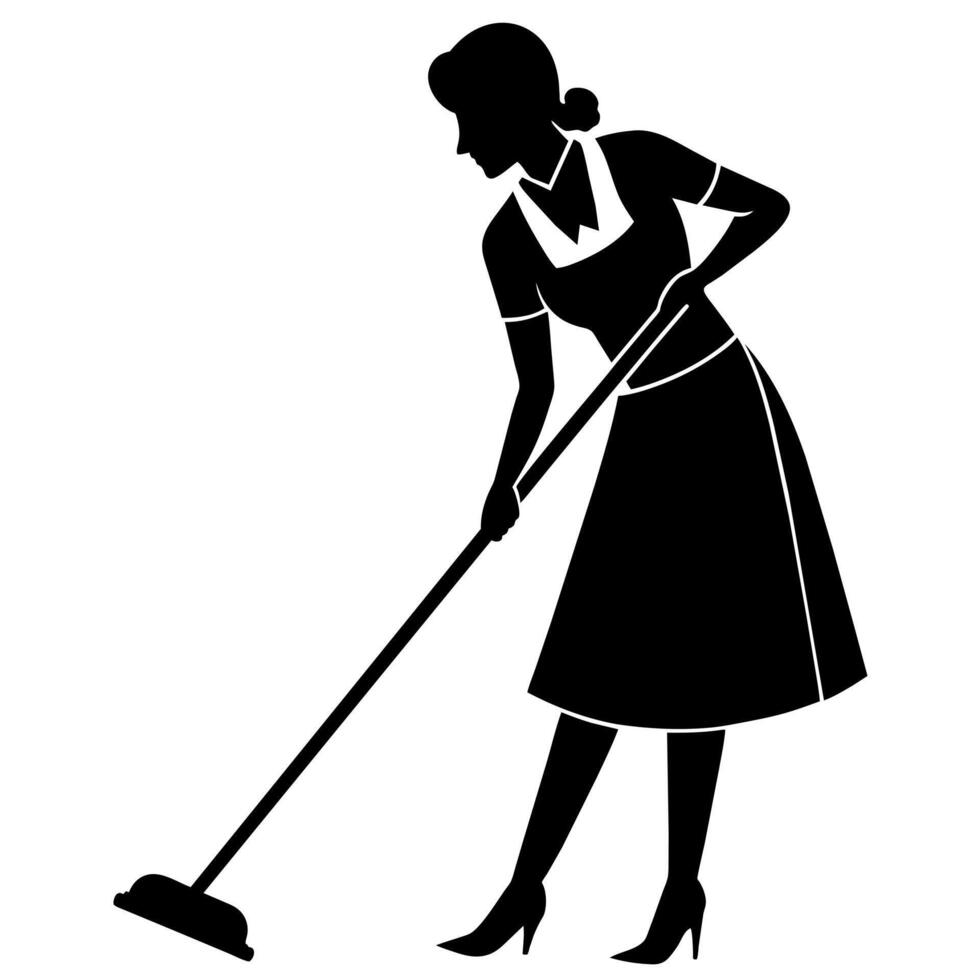ein Reiniger Frau sorgfältig Reinigung das Zimmer eben Stil Silhouette vektor