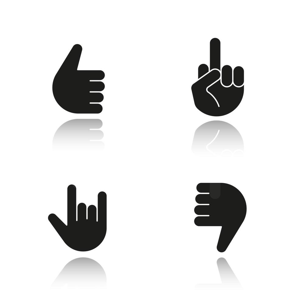 Handgesten Schlagschatten schwarze Symbole gesetzt. Daumen hoch, Abneigung, Heavy Metal, Mittelfinger hoch. isolierte vektorillustrationen vektor