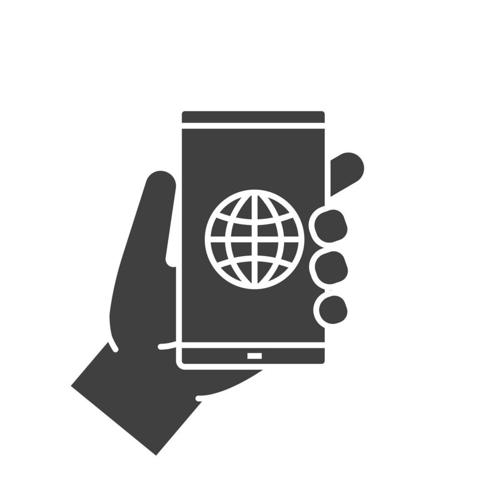 Hand mit Smartphone-Glyphe-Symbol. Silhouette-Symbol. Verbindung zum Smartphone-Netzwerk. negativen Raum. isolierte Vektorgrafik vektor