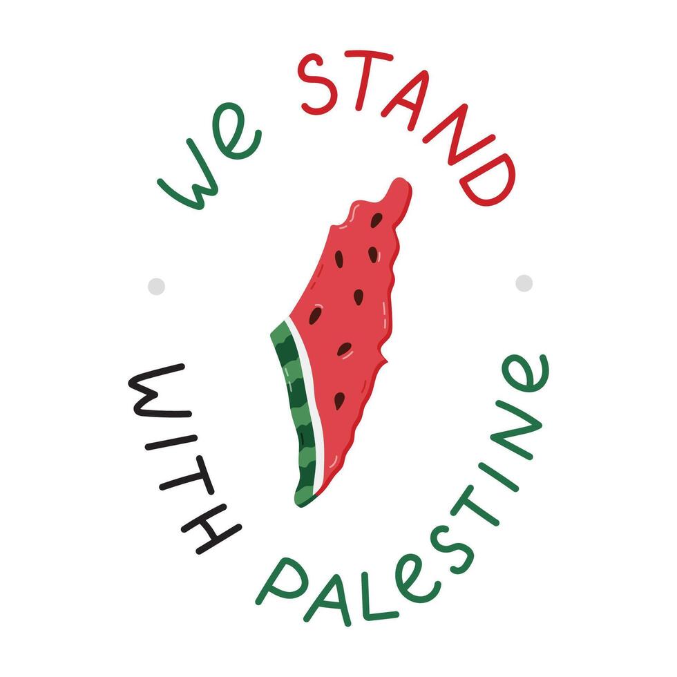 wir Stand mit Palästina Poster mit Beschriftung und Wassermelone Scheibe im das gestalten von Karte von Gaza und Israel. Symbol von palästinensisch Widerstand. Unterstützung Palästina Banner mit einfach Clip Art. vektor