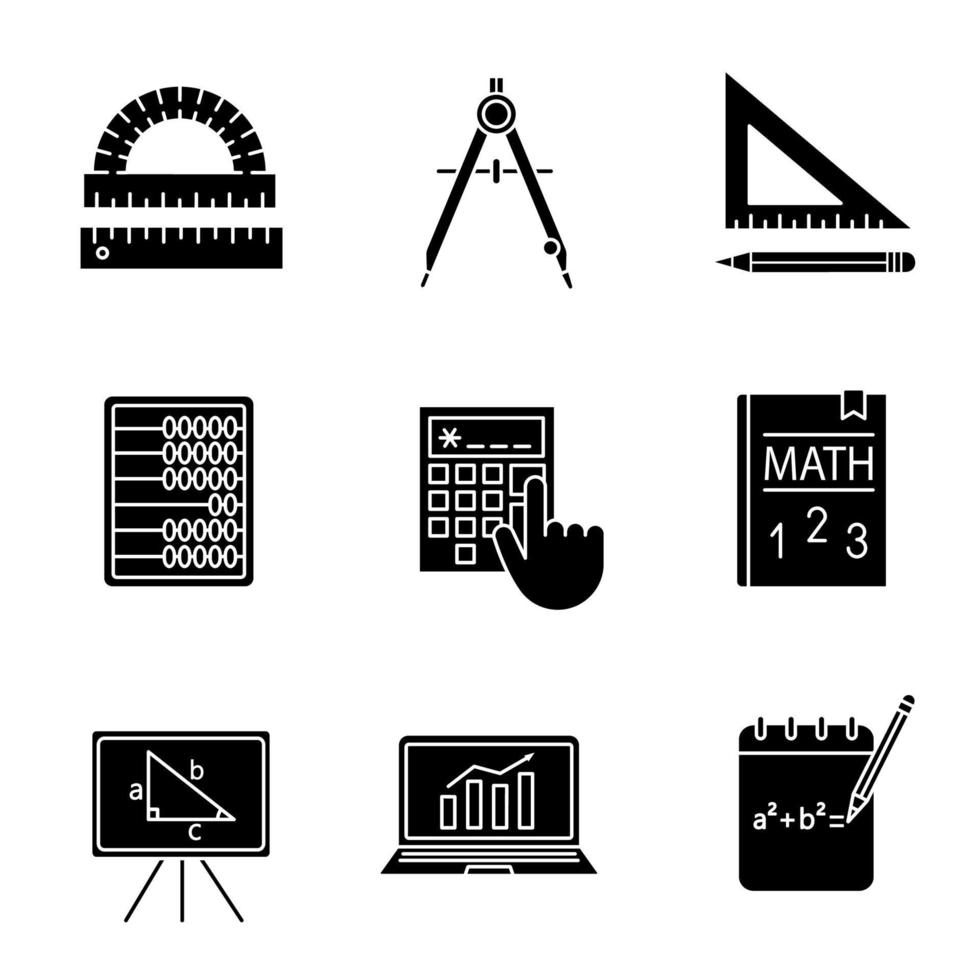 Mathematik-Glyphe-Symbole gesetzt. Geometrie und Algebra. Zeichenwerkzeuge, Lehrbuch, Abakus, Taschenrechner. Silhouette-Symbole. isolierte Vektorgrafik vektor