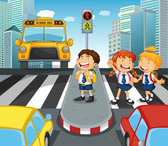 Skolbarn som korsar gatan i staden vektor