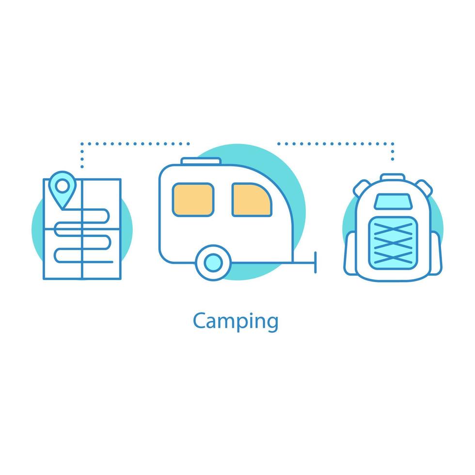 Symbol für Campingkonzept. Outdoor-Erholung Idee dünne Linie Abbildung. Wohnwagen, Rucksack, Karte. Vektor isolierte Umrisszeichnung