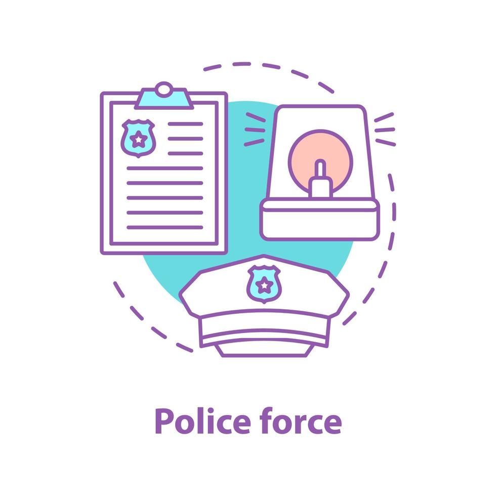 polisstyrka koncept ikon. brottsbekämpande idé tunn linje illustration. polisanmälan, larm, polismössa. vektor isolerade konturritning