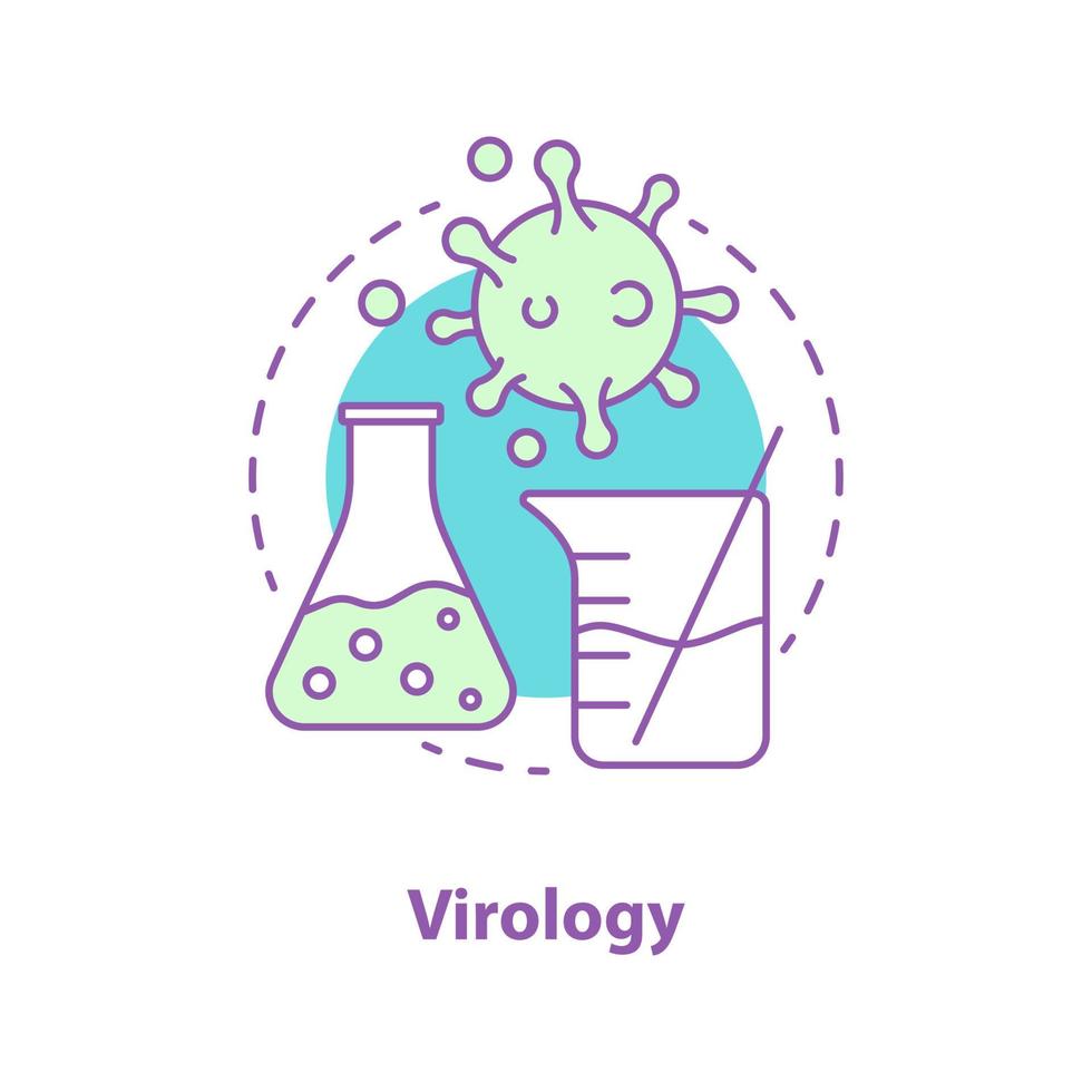 virologi koncept ikon. science lab idé tunn linje illustration. studie av virus. laboratoriekolv och bägare, viruscell. vektor isolerade konturritning