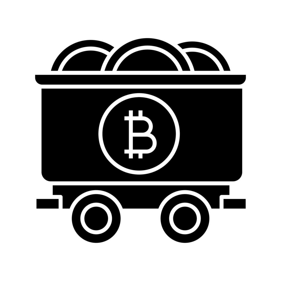 Bitcoin gruvverksamhet glyfikon. siluett symbol. min vagn med bitcoin-mynt. kryptovaluta. negativt utrymme. vektor isolerade illustration