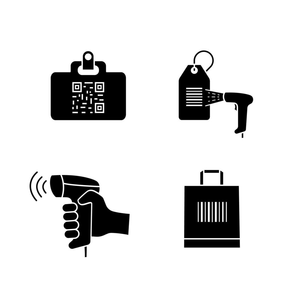 Strichcode-Glyphen-Symbole gesetzt. QR-Code-Identifikationskarte, Handheld-Barcode-Scanner, Einkaufstasche, Hang-Tag-Scannen. Silhouette-Symbole. isolierte Vektorgrafik vektor