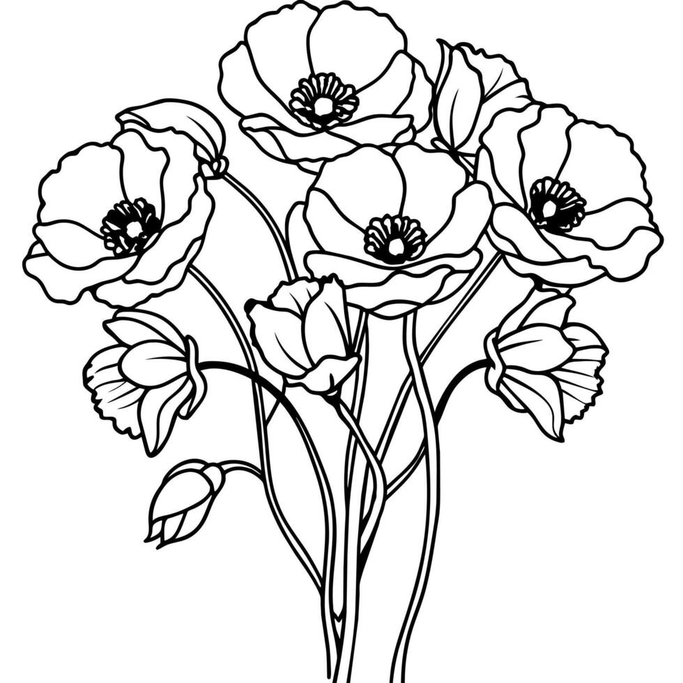 vallmo blomma översikt illustration färg bok sida design, vallmo blomma svart och vit linje konst teckning färg bok sidor för barn och vuxna vektor