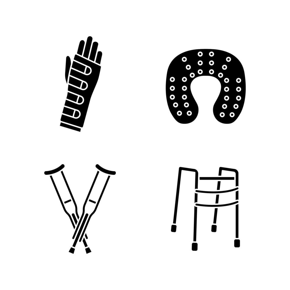 Traumabehandlung Glyphe Icons Set. Handgelenkstütze, Nackenkissen, Achselgehstützen, Gehhilfe. Silhouette-Symbole. isolierte Vektorgrafik vektor