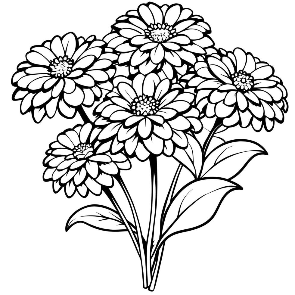 zinnia blomma översikt illustration färg bok sida design, zinnia blomma svart och vit linje konst teckning färg bok sidor för barn och vuxna vektor